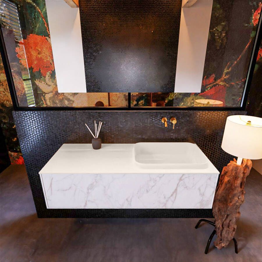 Mondiaz ERIN 120cm badmeubelset onderkast kleur carrara met 1 lade Wastafel RIDGE rechts zonder kraangaten kleur Talc ERIN10721
