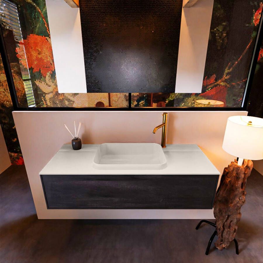 Mondiaz ERIN 120cm badmeubelset onderkast kleur Dark brown met 1 lade Wastafel RIDGE midden 1 kraangat kleur Dark grey ERIN12082