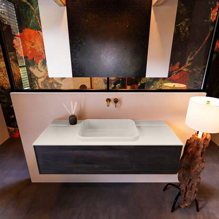 Mondiaz Badkamermeubelset Erin 120 cm met 1 Lade met RIDGE Wastafel Midden Urban Zonder Kraangaten Greeploos Mat Dark Brown