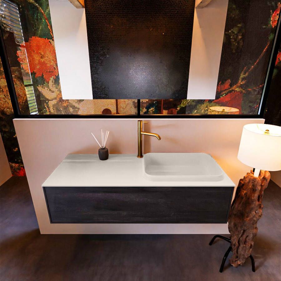 Mondiaz ERIN 120cm badmeubelset onderkast kleur Dark brown met 1 lade Wastafel RIDGE rechts 1 kraangat kleur Urban ERIN11336