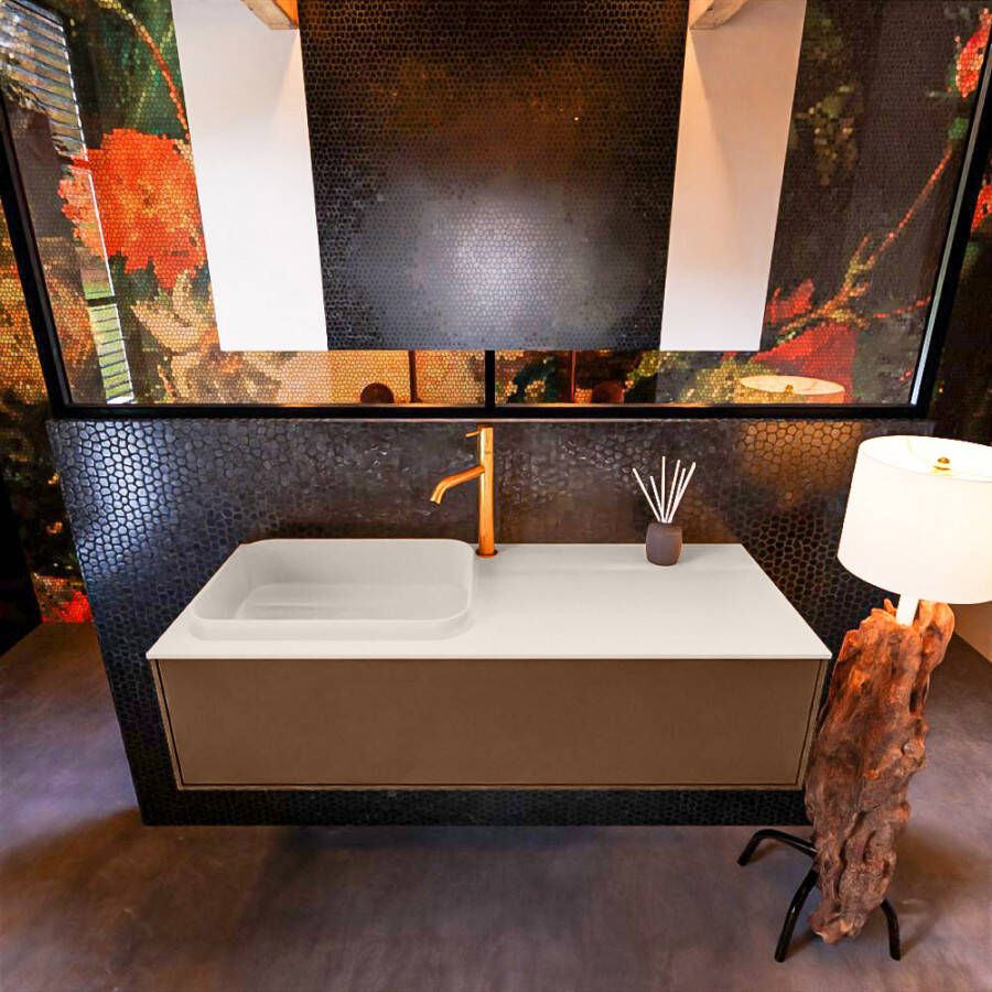 Mondiaz ERIN 120cm badmeubelset onderkast kleur Rust met 1 lade Wastafel RIDGE links 1 kraangat kleur Linen ERIN12559