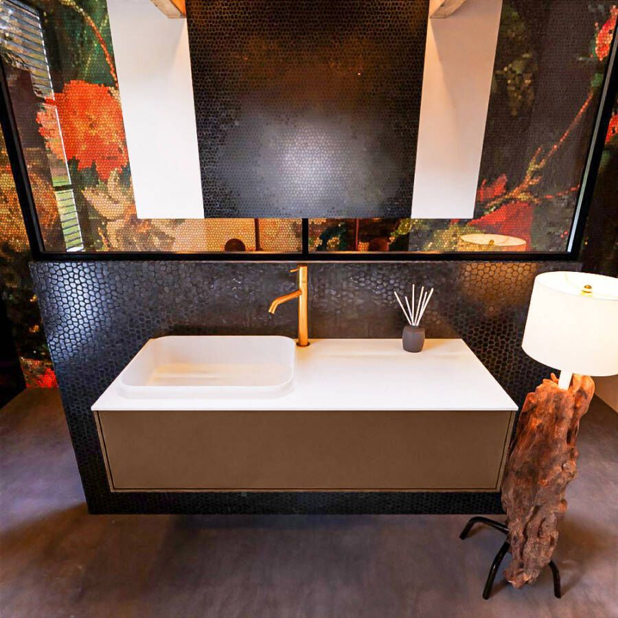 Mondiaz ERIN 120cm badmeubelset onderkast kleur Rust met 1 lade Wastafel RIDGE links 1 kraangat kleur Talc ERIN10315