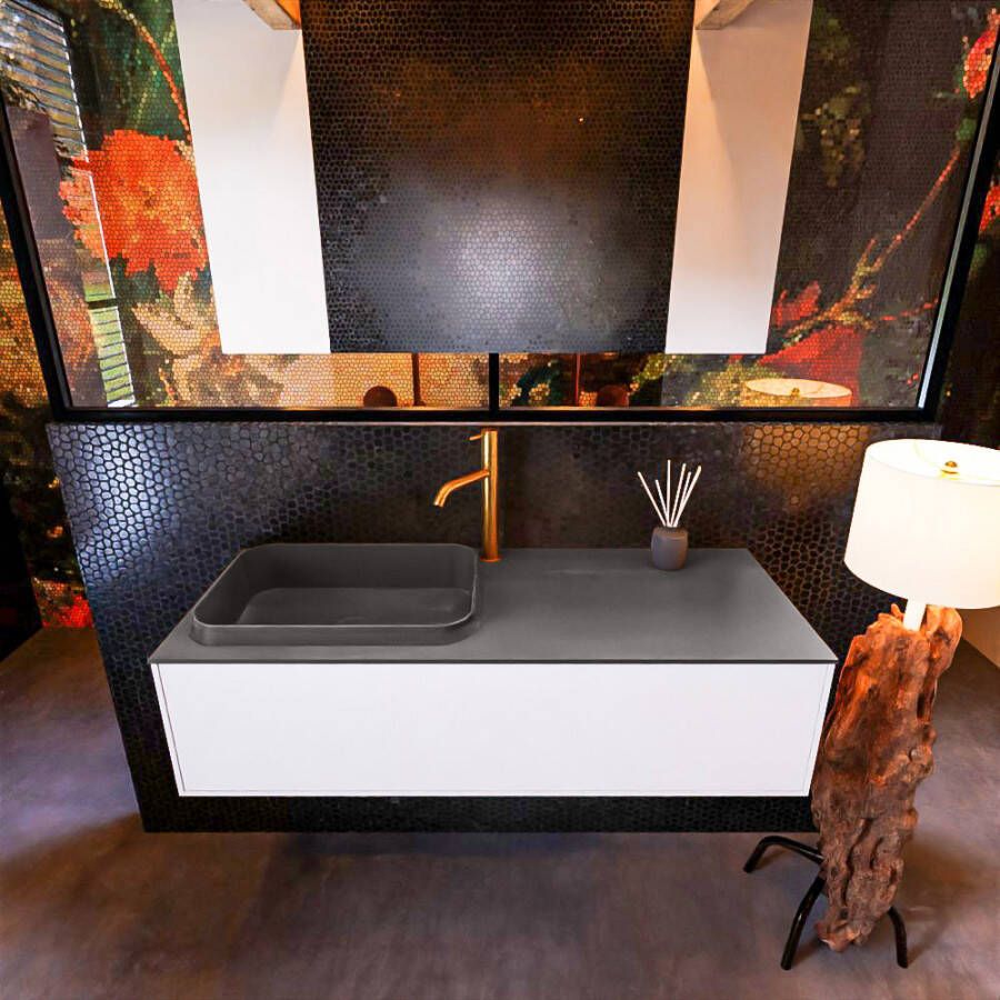 Mondiaz ERIN 120cm badmeubelset onderkast kleur Talc met 1 lade Wastafel RIDGE links 1 kraangat kleur Dark grey ERIN11505