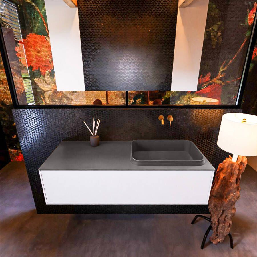 Mondiaz ERIN 120cm badmeubelset onderkast kleur Talc met 1 lade Wastafel RIDGE rechts zonder kraangaten kleur Urban ERIN10755