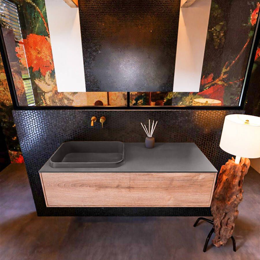Mondiaz Badkamermeubelset Erin 120 cm met 1 Lade met RIDGE Wastafel Links Urban Zonder Kraangaten Greeploos Mat Washed Oak