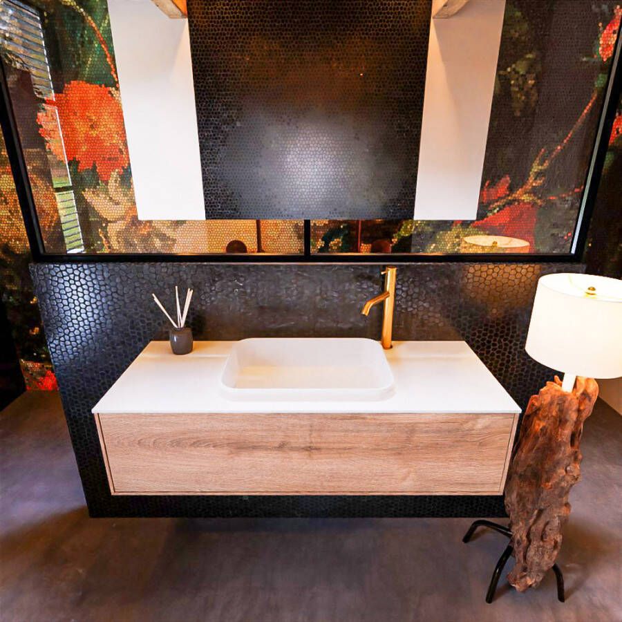 Mondiaz Badkamermeubelset Erin 120 cm met 1 Lade met RIDGE Wastafel Midden Urban met 1 kraangat Greeploos Mat Washed Oak