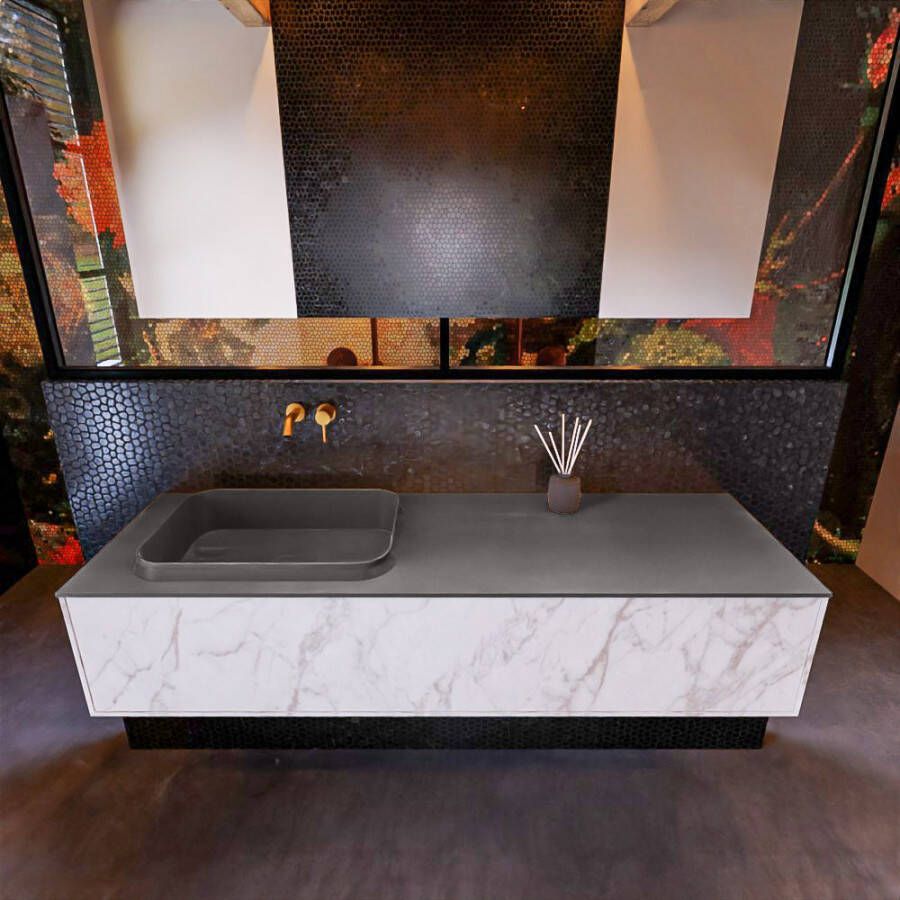 Mondiaz ERIN 150cm badmeubelset onderkast kleur carrara met 1 lade Wastafel RIDGE links zonder kraangaten kleur Linen ERIN12970