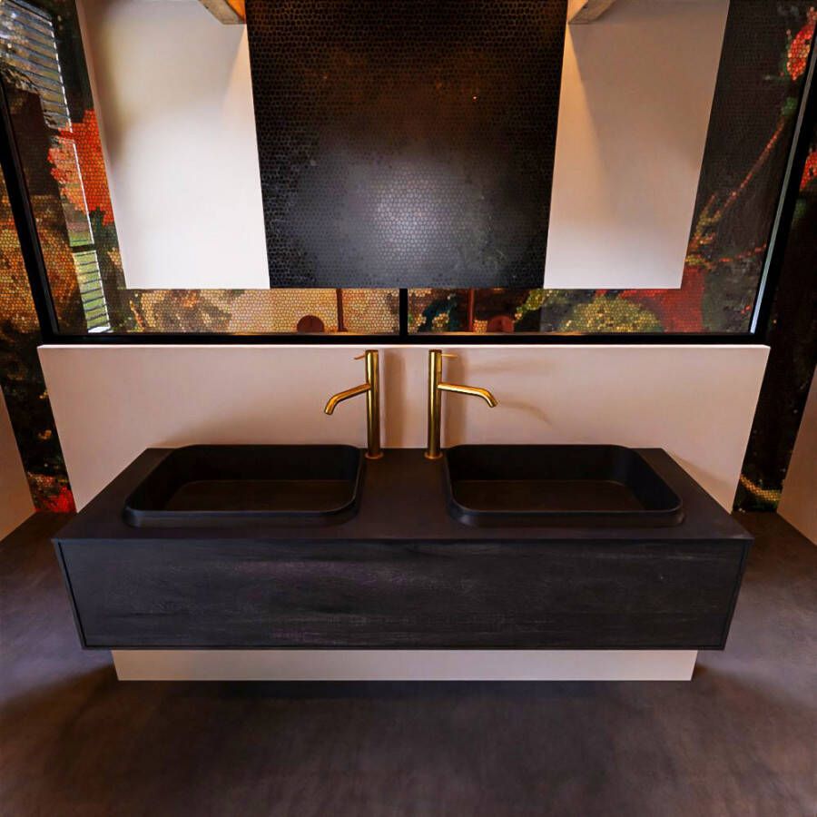 Mondiaz Badkamermeubelset Erin 150 cm met 1 Lade met RIDGE Wastafel Dubbel Urban met 2 kraangaten Greeploos Mat Dark Brown