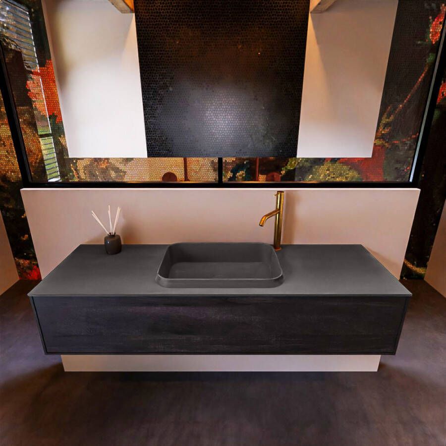 Mondiaz ERIN 150cm badmeubelset onderkast kleur Dark brown met 1 lade Wastafel RIDGE midden 1 kraangat kleur Talc ERIN10593