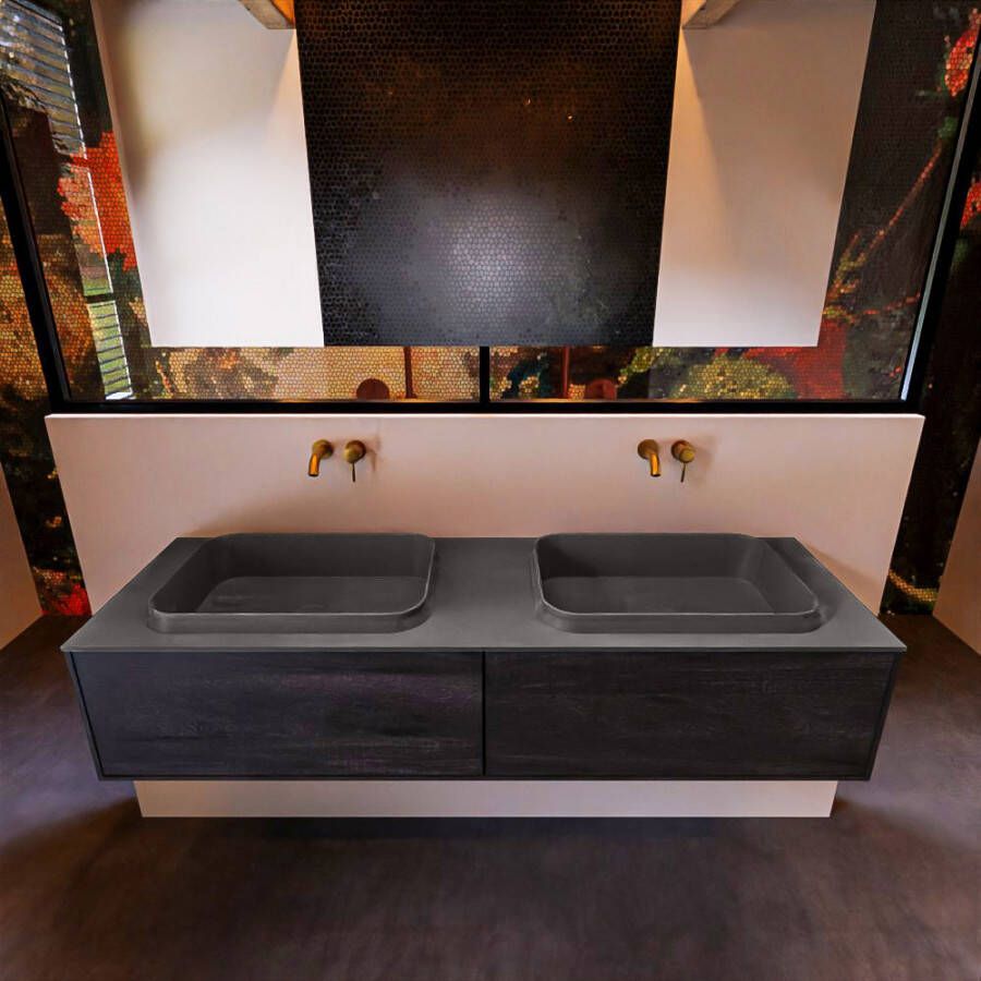 Mondiaz ERIN 150cm badmeubelset onderkast kleur Dark brown met 2 lades Wastafel RIDGE dubbel zonder kraangaten kleur Dark grey ERIN12099