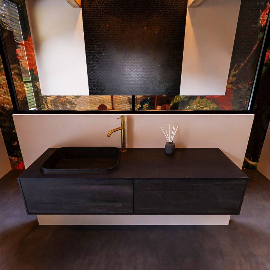 Mondiaz ERIN 150cm badmeubelset onderkast kleur Dark brown met 2 lades Wastafel RIDGE links 1 kraangat kleur Dark grey ERIN12100