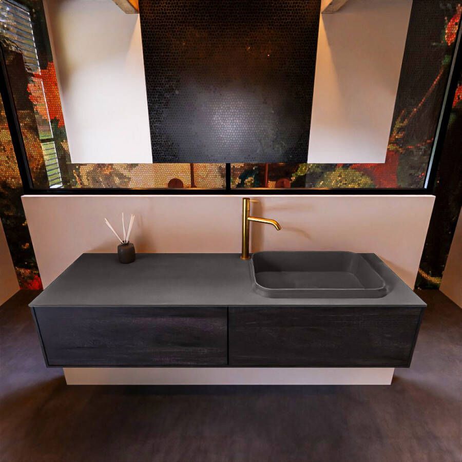 Mondiaz Badkamermeubelset Erin 150 cm met 2 Lades met RIDGE Wastafel Rechts Urban met 1 kraangat Greeploos Mat Dark Brown