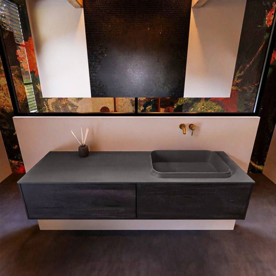 Mondiaz ERIN 150cm badmeubelset onderkast kleur Dark brown met 2 lades Wastafel RIDGE rechts zonder kraangaten kleur Talc ERIN10602