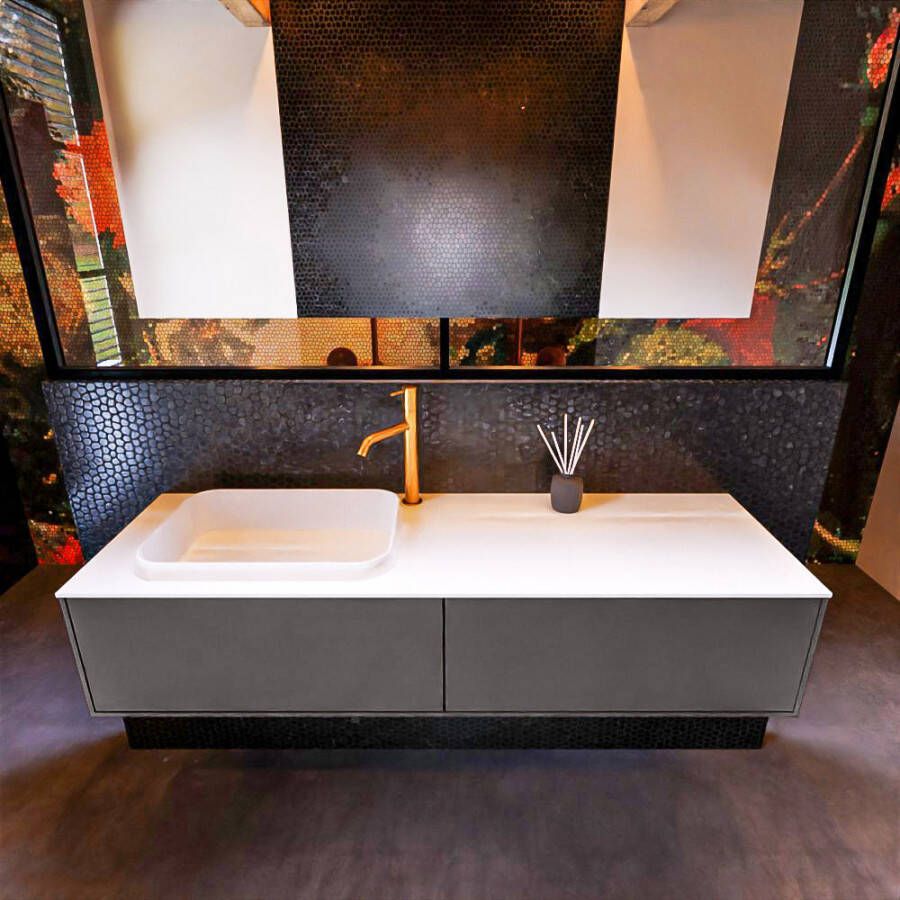 Mondiaz Badkamermeubelset Erin 150 cm met 2 Lades met RIDGE Wastafel Links Dark grey met 1 kraangat Greeploos Mat Dark Grey