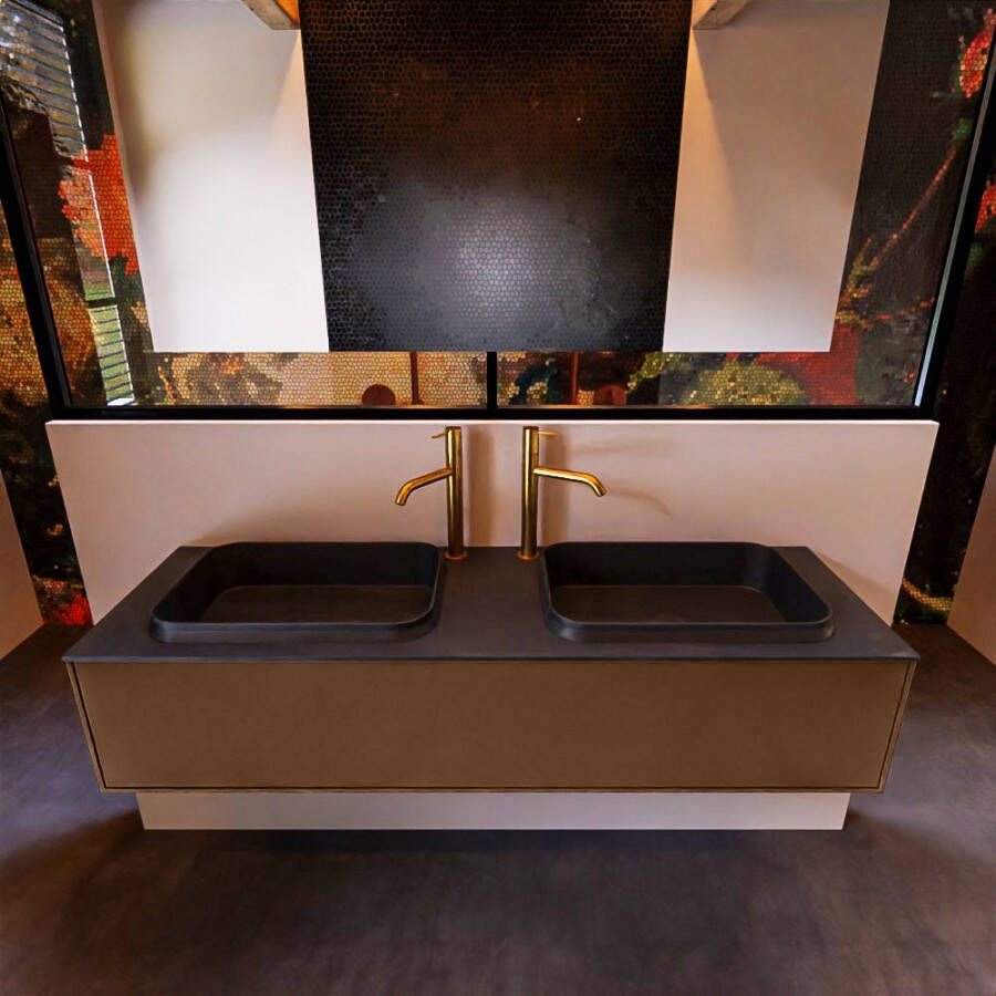 Mondiaz ERIN 150cm badmeubelset onderkast kleur Rust met 1 lade Wastafel RIDGE dubbel 2 kraangaten kleur Talc ERIN10324