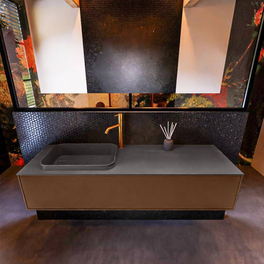 Mondiaz ERIN 150cm badmeubelset onderkast kleur Rust met 1 lade Wastafel RIDGE links 1 kraangat kleur Dark grey ERIN11818