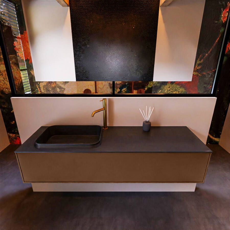 Mondiaz ERIN 150cm badmeubelset onderkast kleur Rust met 1 lade Wastafel RIDGE links 1 kraangat kleur Urban ERIN11070