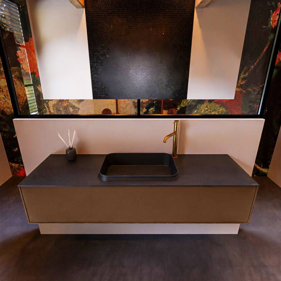 Mondiaz ERIN 150cm badmeubelset onderkast kleur Rust met 1 lade Wastafel RIDGE midden 1 kraangat kleur Dark grey ERIN11817