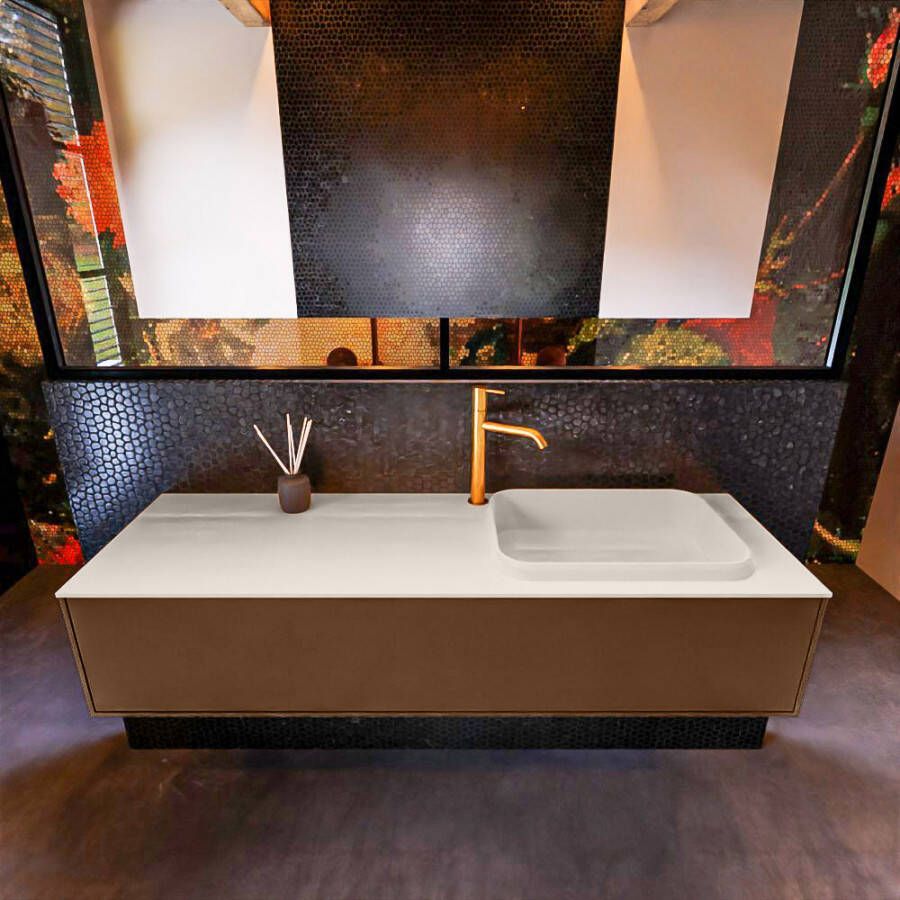 Mondiaz ERIN 150cm badmeubelset onderkast kleur Rust met 1 lade Wastafel RIDGE rechts 1 kraangat kleur Talc ERIN10323