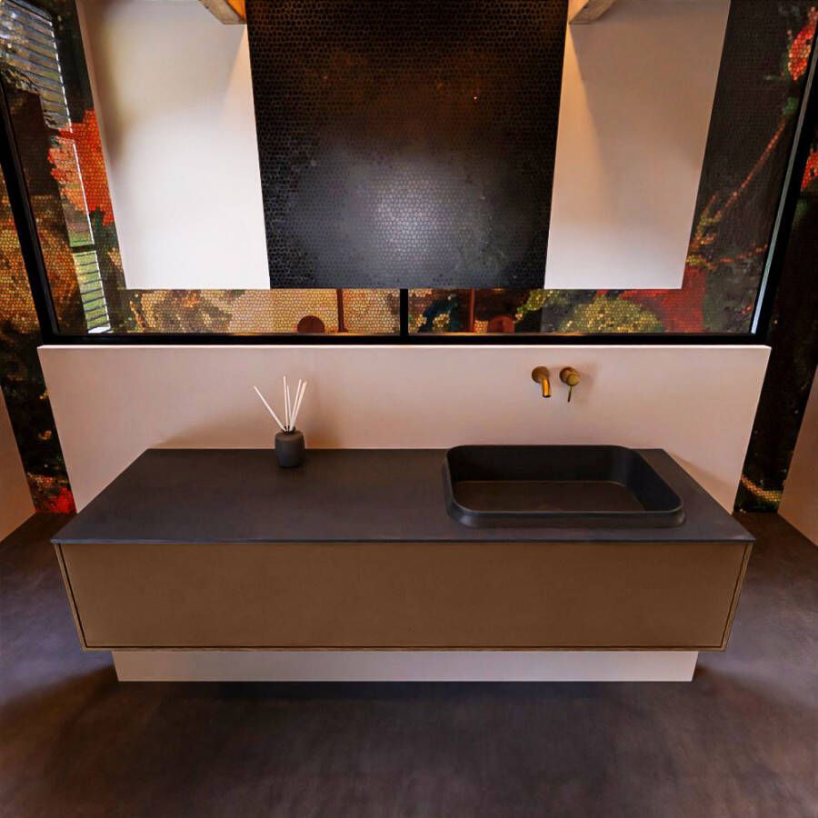 Mondiaz ERIN 150cm badmeubelset onderkast kleur Rust met 1 lade Wastafel RIDGE rechts zonder kraangaten kleur Urban ERIN11067