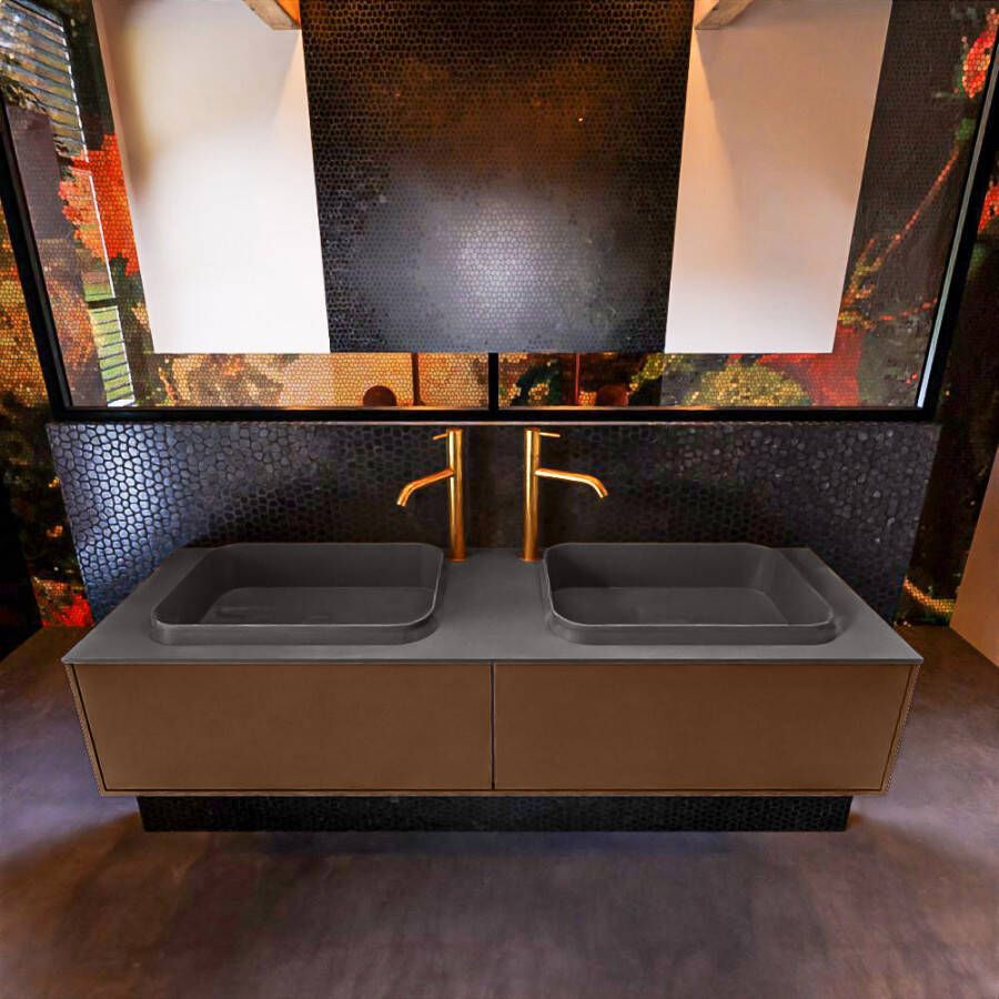 Mondiaz ERIN 150cm badmeubelset onderkast kleur Rust met 2 lades Wastafel RIDGE dubbel 2 kraangaten kleur Talc ERIN10334