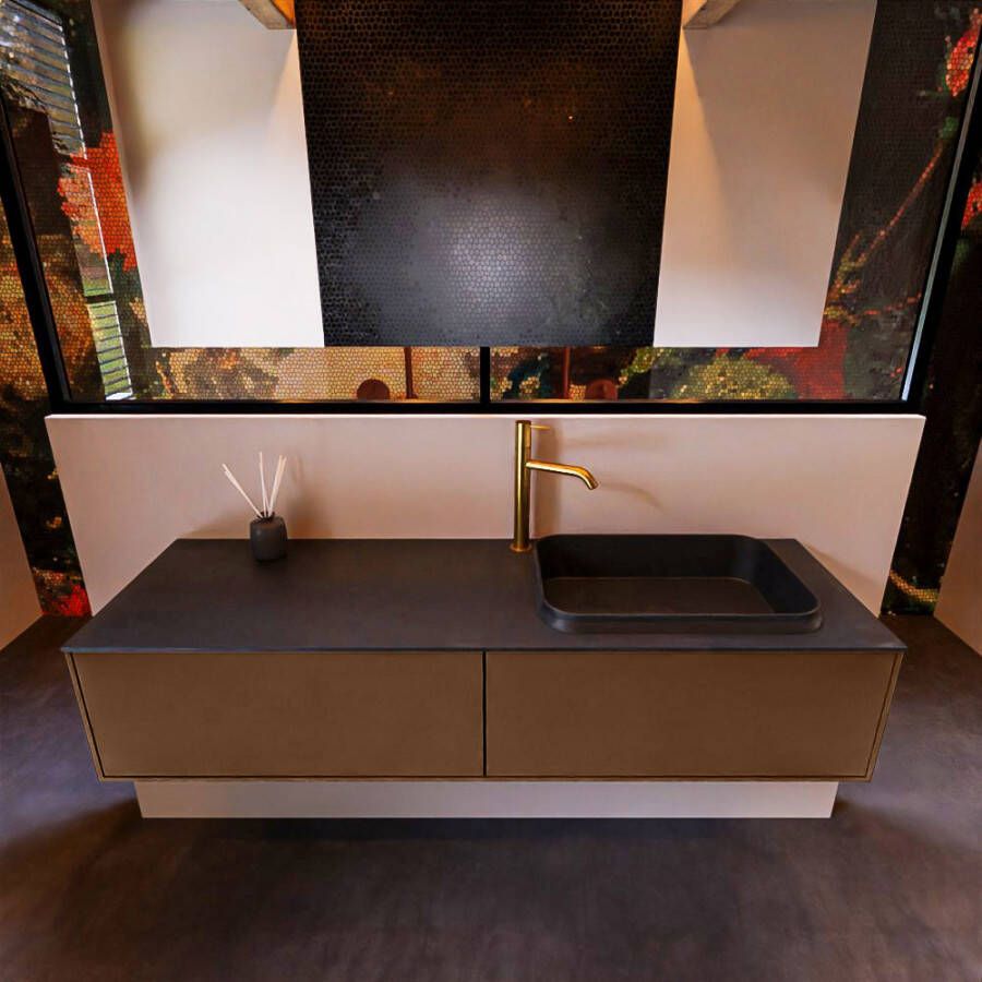 Mondiaz ERIN 150cm badmeubelset onderkast kleur Rust met 2 lades Wastafel RIDGE rechts 1 kraangat kleur Dark grey ERIN11829