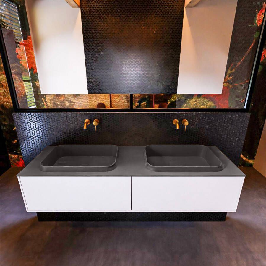 Mondiaz ERIN 150cm badmeubelset onderkast kleur Talc met 2 lades Wastafel RIDGE dubbel zonder kraangaten kleur Linen ERIN12269