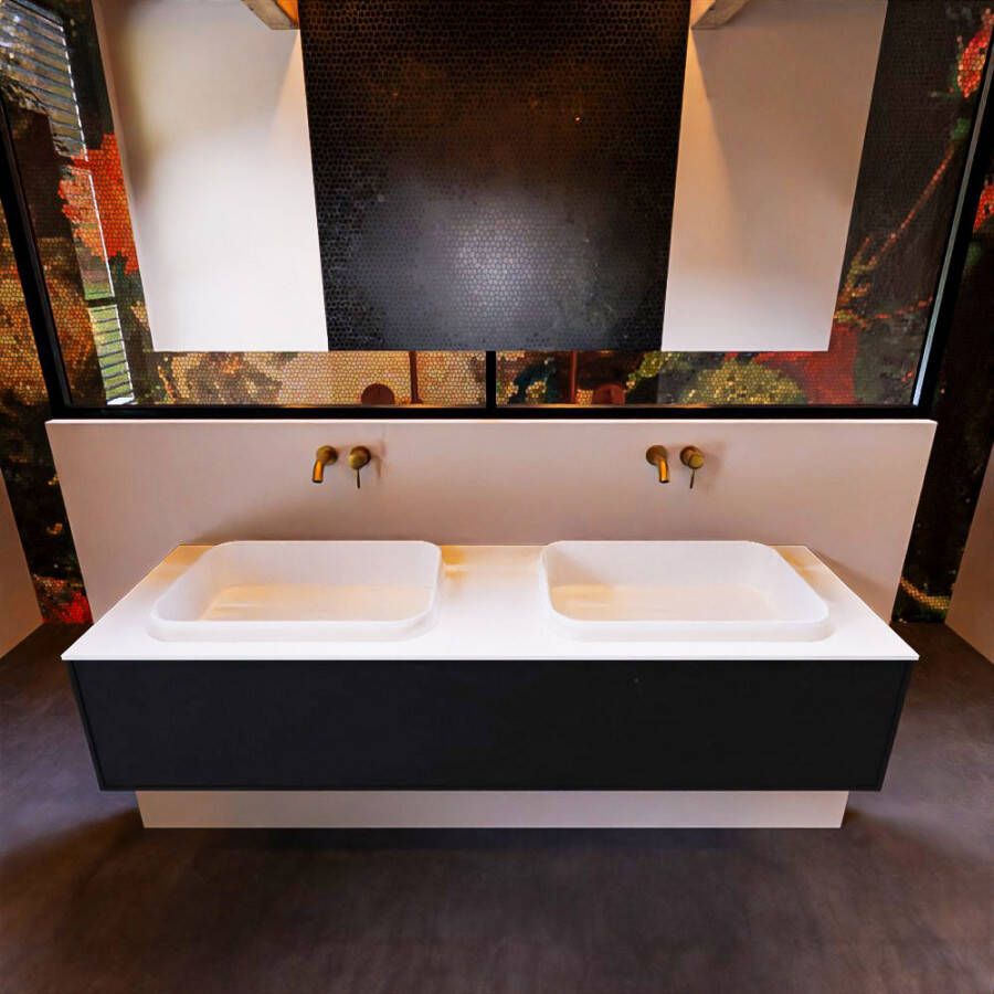 Mondiaz ERIN 150cm badmeubelset onderkast kleur Urban met 1 lade Wastafel RIDGE dubbel zonder kraangaten kleur Linen ERIN12292