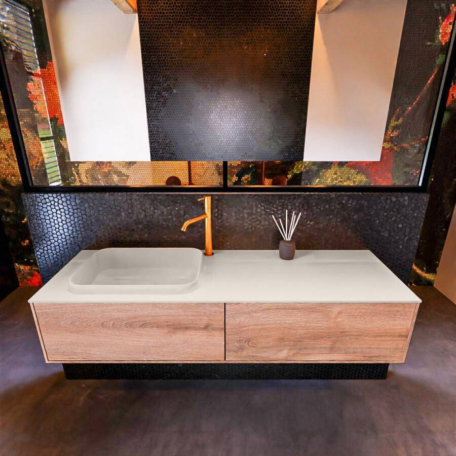 Mondiaz ERIN 150cm badmeubelset onderkast kleur Washed oak met 2 lades Wastafel RIDGE links 1 kraangat kleur Talc ERIN10706