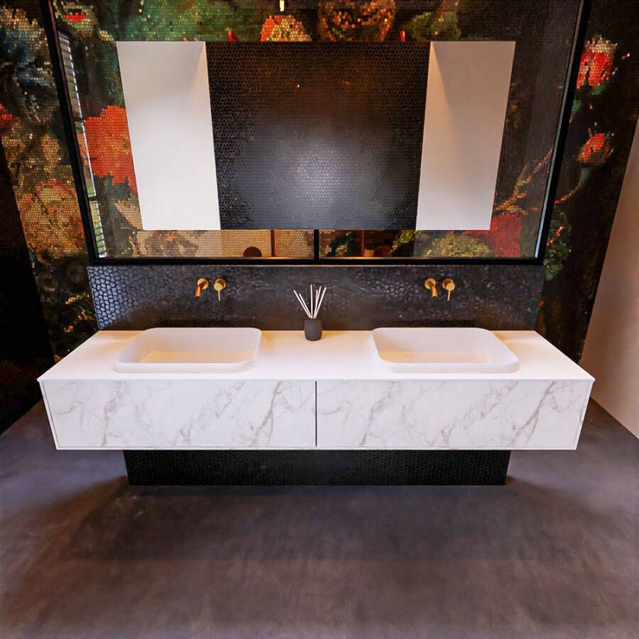 Mondiaz ERIN 200cm badmeubelset onderkast kleur carrara met 2 lades Wastafel RIDGE dubbel zonder kraangaten kleur Linen ERIN12989