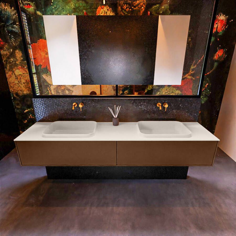 Mondiaz ERIN 200cm badmeubelset onderkast kleur Rust met 2 lades Wastafel RIDGE dubbel zonder kraangaten kleur Dark grey ERIN11833