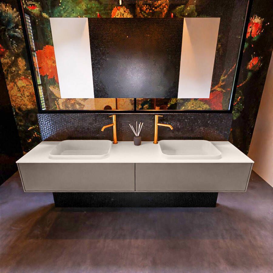 Mondiaz ERIN 200cm badmeubelset onderkast kleur Smoke met 2 lades Wastafel RIDGE dubbel 2 kraangaten kleur Urban ERIN10952