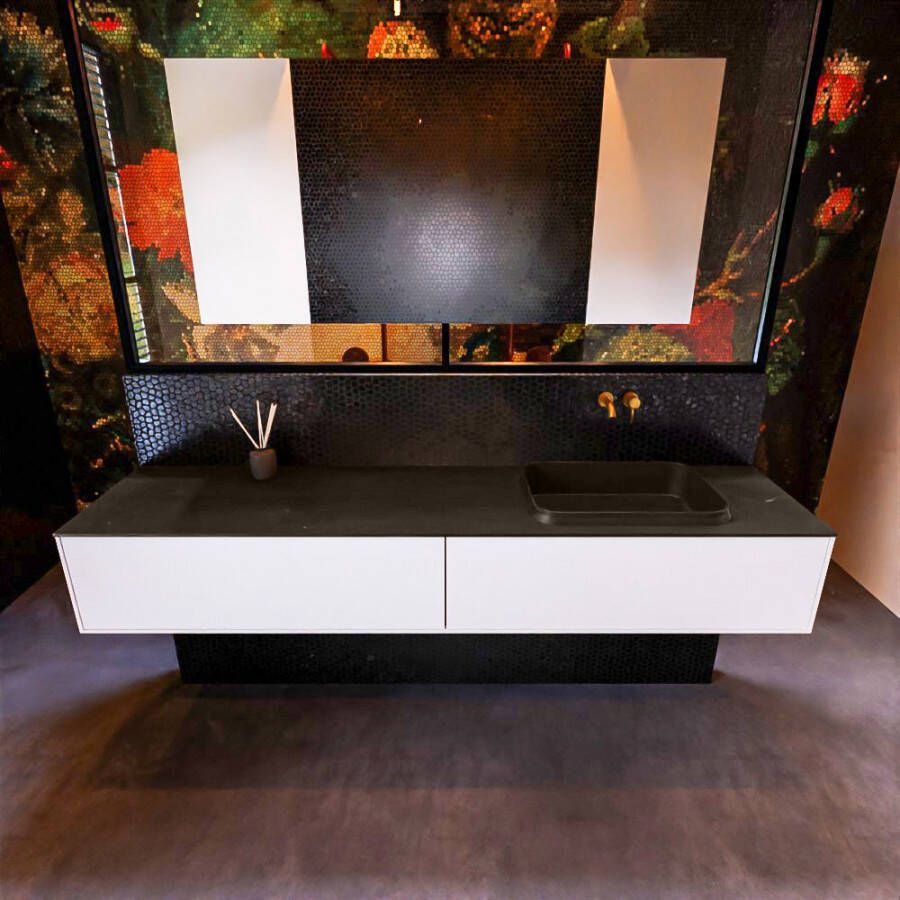 Mondiaz ERIN 200cm badmeubelset onderkast kleur Talc met 2 lades Wastafel RIDGE rechts zonder kraangaten kleur Dark grey ERIN11526