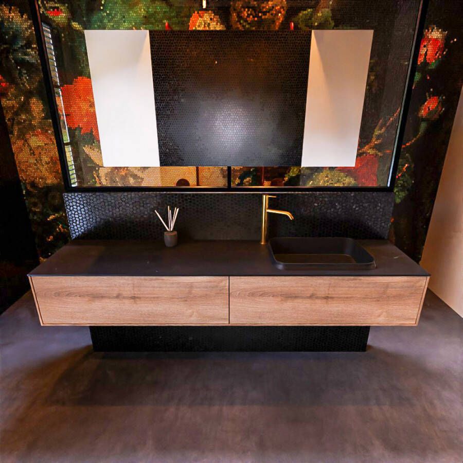 Mondiaz ERIN 200cm badmeubelset onderkast kleur Washed oak met 2 lades Wastafel RIDGE rechts 1 kraangat kleur Dark grey ERIN12209
