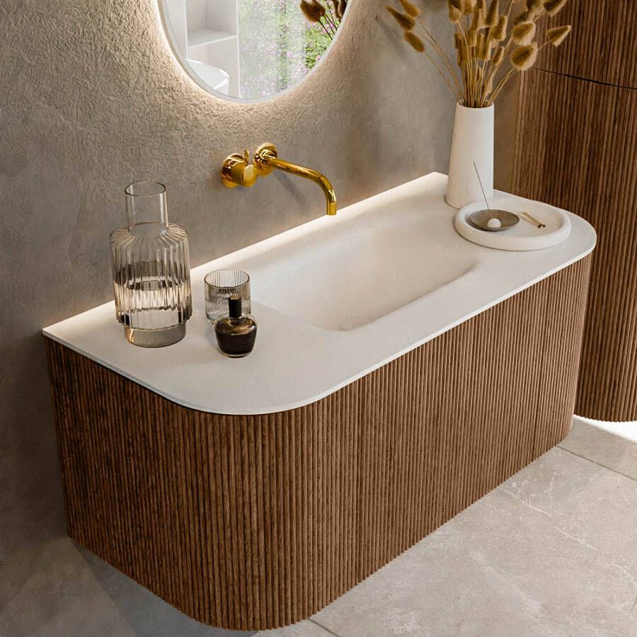 Mondiaz KURVE 100cm badmeubel met module 25 Len R kleur Walnut met 1 lade en 2 deuren. Wastafel GRUNNE midden zonder kraangat Talc. KRVGRU100L+R1L2D0KM-Wal Tal