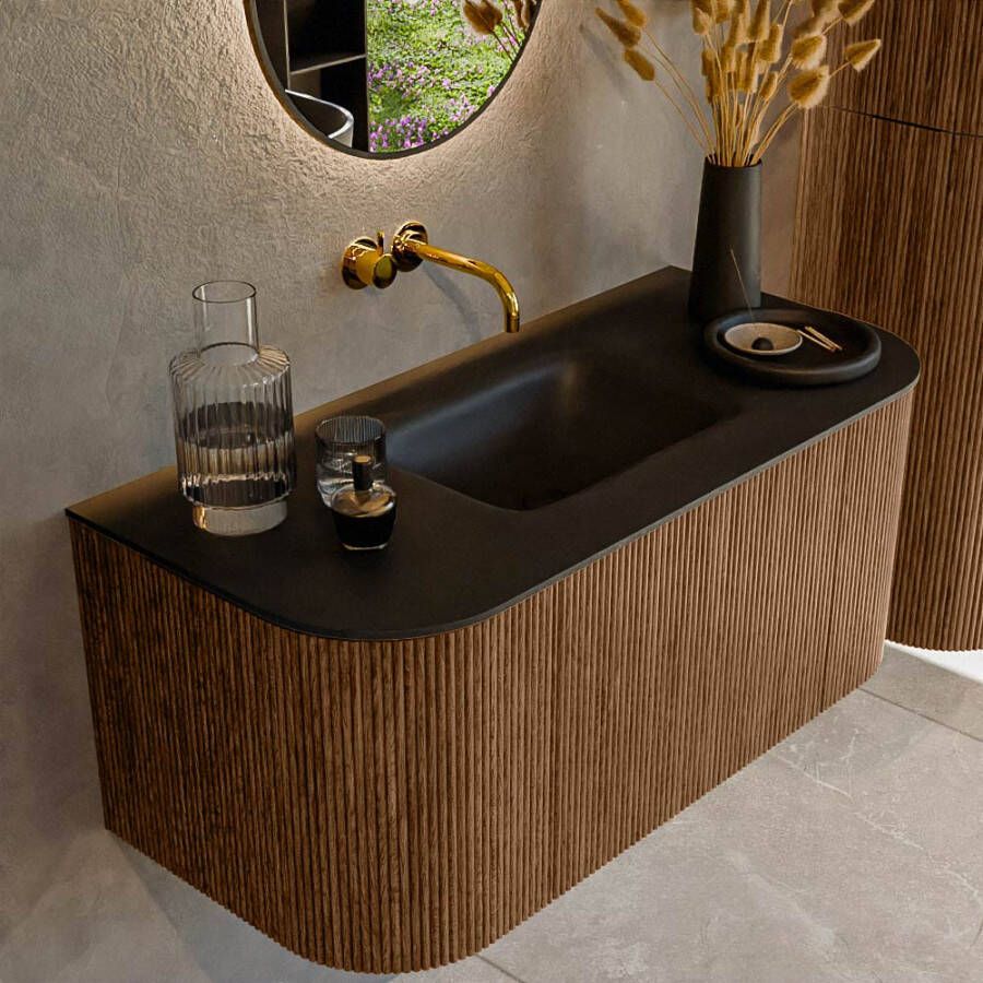 Mondiaz KURVE 100cm badmeubel met module 25 Len R kleur Walnut met 1 lade en 2 deuren. Wastafel GRUNNE midden zonder kraangat Urban. KRVGRU100L+R1L2D0KM-Wal Urb