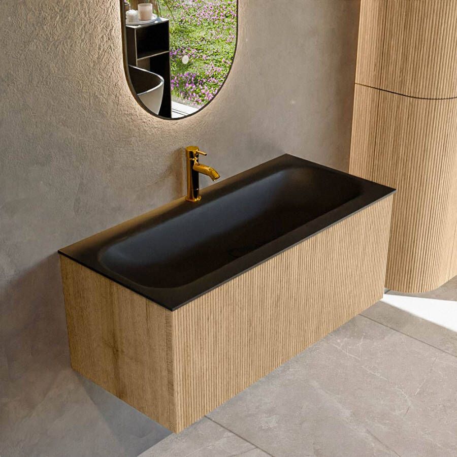 Mondiaz KURVE 100 cm Onderkast Greeploos 1 Lade Zonder Deuren Oak Wastafel Solid Surface Volledig Urban 1 Kraangat Zonder Spiegel (KRVBGM1001L0D1KM-Oak Urb)