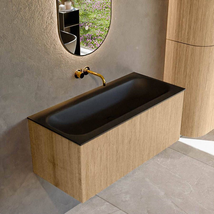 Mondiaz KURVE 100 cm Onderkast Greeploos 1 Lade Zonder Deuren Oak Wastafel Solid Surface Volledig Urban 0 Kraangaten Zonder Spiegel (KRVBGM1001L0D0KM-Oak Urb)