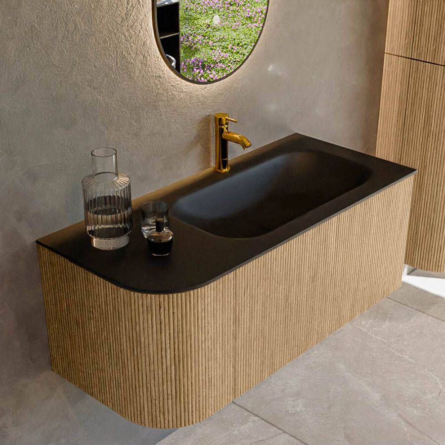 Mondiaz KURVE 105 cm Onderkast Greeploos 1 Lade Met Deuren Oak Wastafel Solid Surface Rechts Urban 1 Kraangat Zonder Spiegel (KRVBGS105L1L1D1KR-Oak Urb)