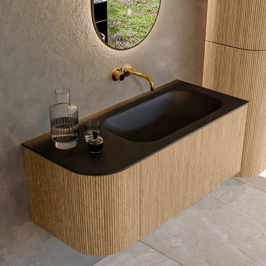 Mondiaz KURVE 105 cm Onderkast Greeploos 1 Lade Met Deuren Oak Wastafel Solid Surface Rechts Urban 0 Kraangaten Zonder Spiegel (KRVBGS105L1L1D0KR-Oak Urb)