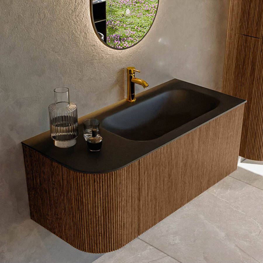Mondiaz KURVE 105 cm Onderkast Greeploos 1 Lade Met Deuren Walnut Wastafel Solid Surface Rechts Urban 1 Kraangat Zonder Spiegel (KRVBGS105L1L1D1KR-Wal Urb)
