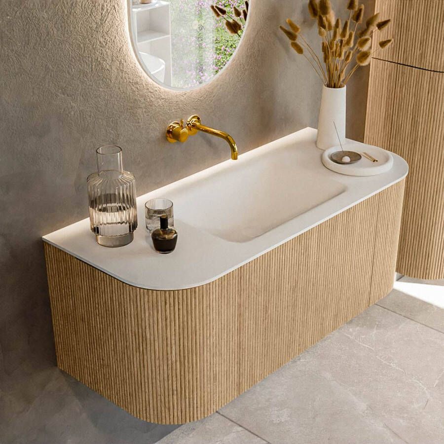 Mondiaz KURVE 110 cm Onderkast Greeploos 1 Lade Met Deuren Oak Wastafel Solid Surface Midden Talc 0 Kraangaten Zonder Spiegel (KRVCLO110L+R1L2D0KM-Oak Tal)