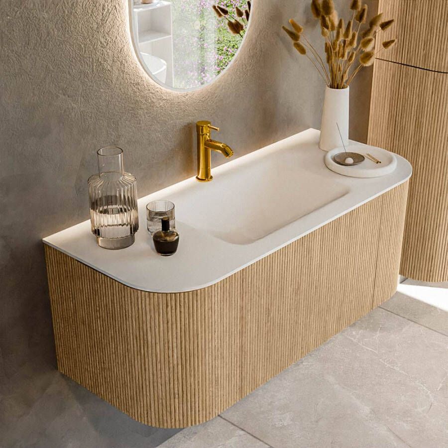 Mondiaz KURVE 110 cm Onderkast Greeploos 1 Lade Met Deuren Oak Wastafel Solid Surface Midden Talc 1 Kraangat Zonder Spiegel (KRVCLO110L+R1L2D1KM-Oak Tal)