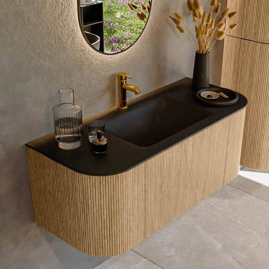 Mondiaz KURVE 110 cm Onderkast Greeploos 1 Lade Met Deuren Oak Wastafel Solid Surface Midden Urban 1 Kraangat Zonder Spiegel (KRVCLO110L+R1L2D1KM-Oak Urb)