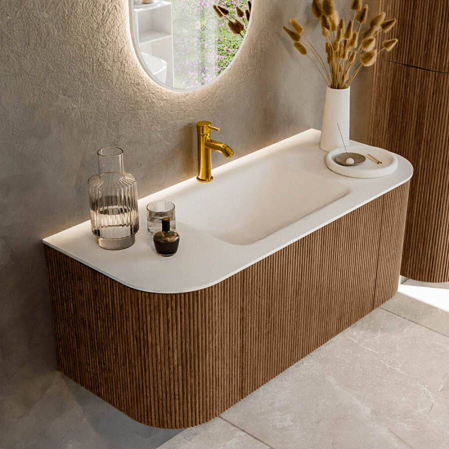 Mondiaz KURVE 110 cm Onderkast Greeploos 1 Lade Met Deuren Walnut Wastafel Solid Surface Midden Talc 1 Kraangat Zonder Spiegel (KRVCLO110L+R1L2D1KM-Wal Tal)