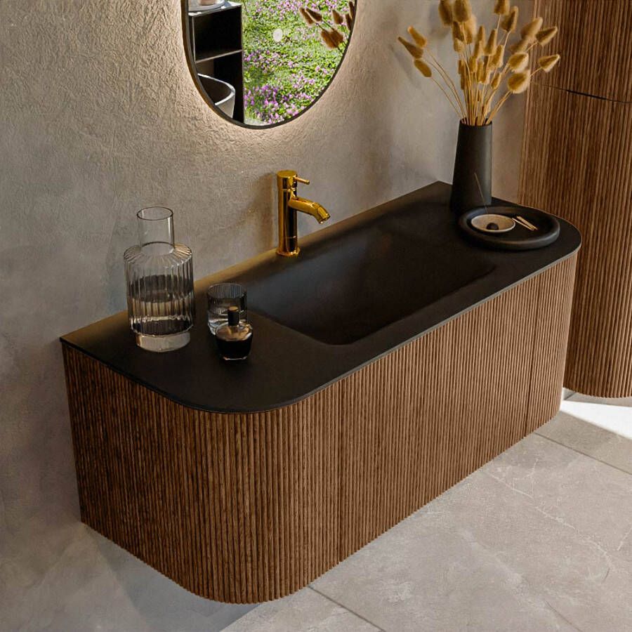 Mondiaz KURVE 110 cm Onderkast Greeploos 1 Lade Met Deuren Walnut Wastafel Solid Surface Midden Urban 1 Kraangat Zonder Spiegel (KRVCLO110L+R1L2D1KM-Wal Urb)