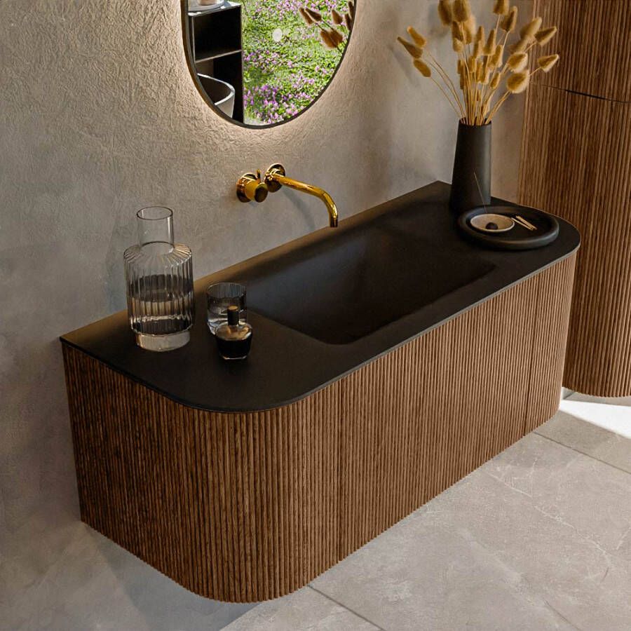 Mondiaz KURVE 110 cm Onderkast Greeploos 1 Lade Met Deuren Walnut Wastafel Solid Surface Midden Urban 0 Kraangaten Zonder Spiegel (KRVCLO110L+R1L2D0KM-Wal Urb)