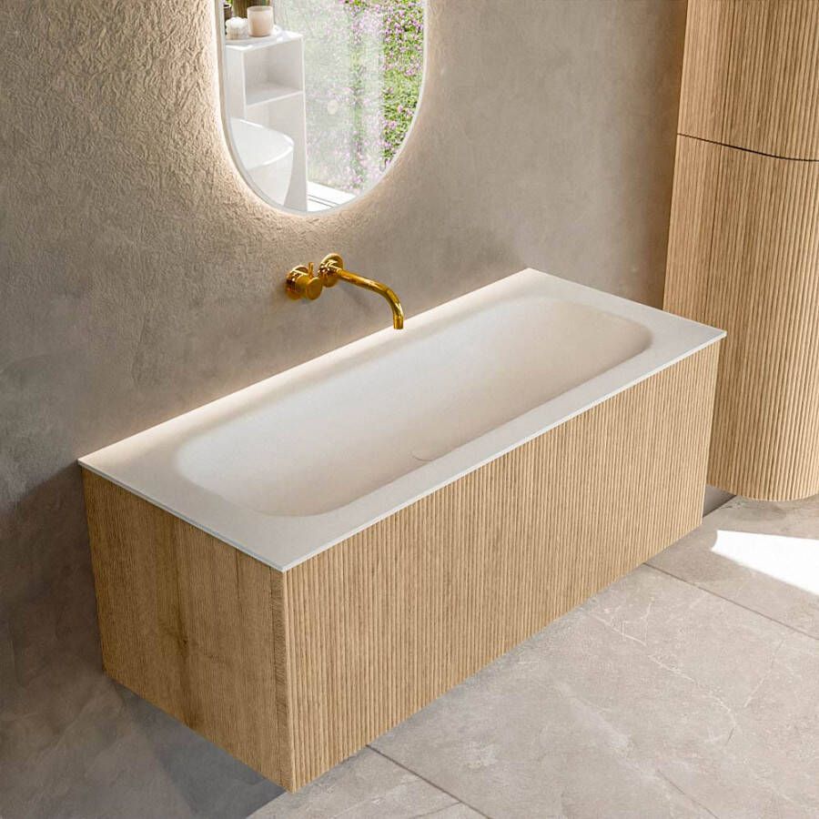 Mondiaz KURVE 110 cm Onderkast Greeploos 1 Lade Zonder Deuren Oak Wastafel Solid Surface Volledig Talc 0 Kraangaten Zonder Spiegel (KRVBGM1101L0D0KM-Oak Tal)
