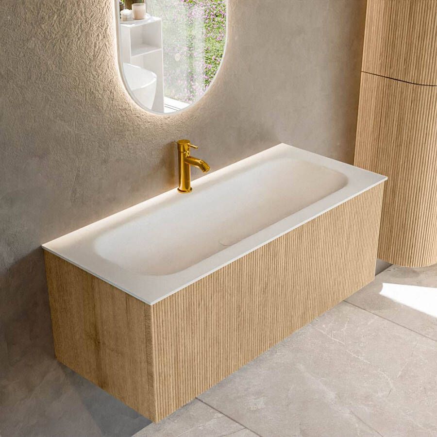 Mondiaz KURVE 110 cm Onderkast Greeploos 1 Lade Zonder Deuren Oak Wastafel Solid Surface Volledig Talc 1 Kraangat Zonder Spiegel (KRVBGM1101L0D1KM-Oak Tal)