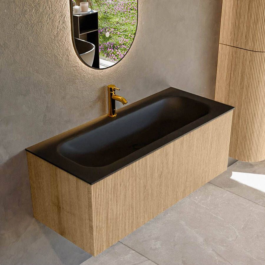 Mondiaz KURVE 110 cm Onderkast Greeploos 1 Lade Zonder Deuren Oak Wastafel Solid Surface Volledig Urban 1 Kraangat Zonder Spiegel (KRVBGM1101L0D1KM-Oak Urb)